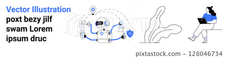 AI robot multitasking with chat bubble, percentage icon, shield, wrench person using laptop beside abstract plant. Ideal for technology, AI, remote work, productivity, cybersecurity, online tools 128046734