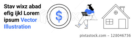 Dollar coin, remote working professional with a laptop in blue attire, and a simple house outline. Ideal for home office, remote work, freelance jobs, finance, savings, real estate, and landing page 128046736