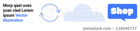 Rotating arrows, cloud shape, and a blue Shop speech bubble. Ideal for cloud computing, e-commerce, online shopping, data synchronization, digital marketing. Banner for landing page 128046737