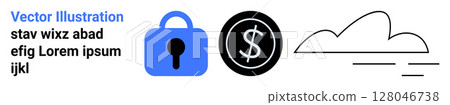 Blue lock symbol for security, dollar sign in black circle for finance, and a cloud with lines. Ideal for cybersecurity, financial services, cloud storage, data management, fintech, online services Blue lock symbol for security, dollar sign in black circle for finance, and a cloud with lines. Ideal for cybersecurity, financial services, cloud storage, data management, fintech, online services 128046738