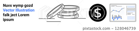 Stack of coins, dollar symbol, and chart with financial data. Ideal for business, finance, investment, savings, economic growth, data visualization, and web design. Landing page Stack of coins, dollar symbol, and chart with financial data. Ideal for business, finance, investment, savings, economic growth, data visualization, and web design. Landing page 128046739