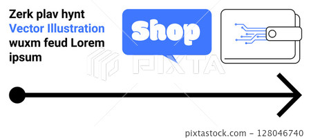 Online shopping and digital wallet concept with a shop speech bubble and a digital wallet icon. Ideal for e-commerce, digital payments, online stores, navigation, and user guides. Banner for landing 128046740