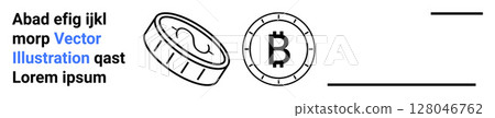 Bitcoin coin with B symbol, stack of coins, placeholder text and lines. Ideal for cryptocurrency, blockchain technology, digital payment, financial technology, online transactions, fintech, digital 128046762
