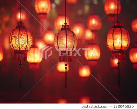 A group of red paper Chinese lanterns hangs and glows together on red background. AI Generated. 128046820