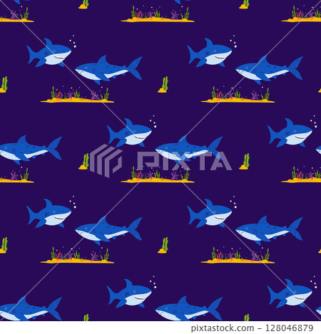 Underwater Seamless Pattern. Two Sharks wild animals with algae and sandy seabed on dark Blue Background. Vector Illustration 128046879
