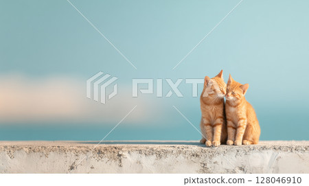 Two brown tabby cat brothers sitting close together under the blue sky | Refreshing background Two brown tabby cat brothers sitting close together under the blue sky | Refreshing background 128046910