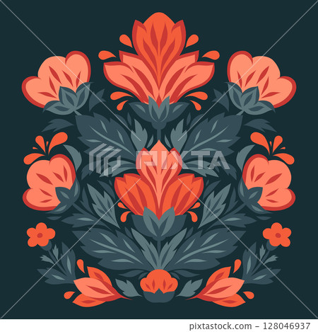 Vector decorative card with flower arrangement on dark background. Symmetrical stylized flowers in folk art style. Summer bloom 128046937