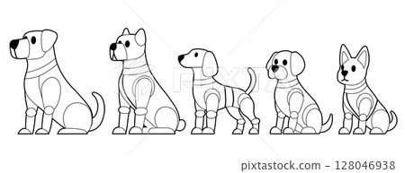 Vector set of contour mechanical dogs various breed. Collection of monochrome outline robot puppies. Animals of the future 128046938