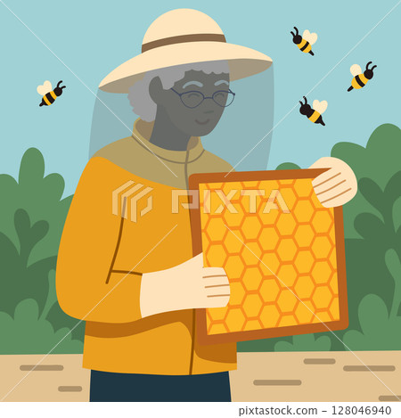 Vector illustration of an old African woman beekeeper with a frame with honeycombs and bees. Hobbies in retirement. Professional Black female apiarist 128046940