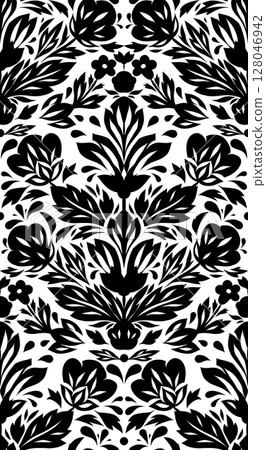 Vector monochrome decorative pattern with flower arrangement. Seamless texture with black print of stylized flowers in folk art style 128046942