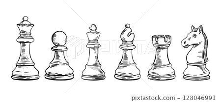 Chess sketch drawing of full classic piece lineup Chess sketch drawing of full classic piece lineup 128046991