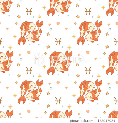 Pisces zodiac sign pattern, cute twin cartoon fish 128047024