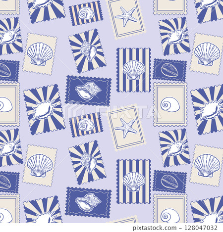 Scattered vintage seashell stamps on pastel background 128047032