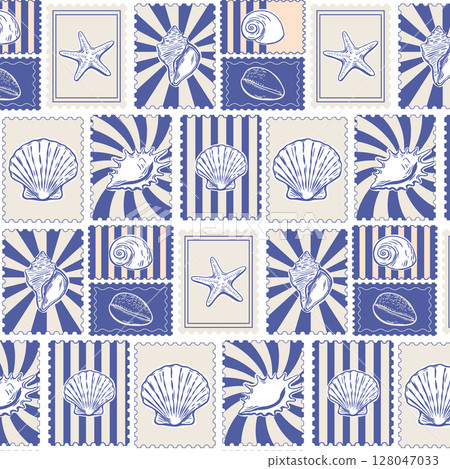 Seashell postage stamp grid pattern in vintage style Seashell postage stamp grid pattern in vintage style 128047033
