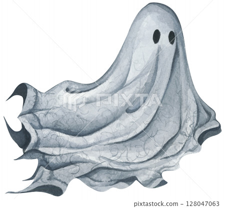 Ghost in Lace Cloth. Cute and Spooky Characters for Halloween Celebration. Watercolor illustration. 128047063