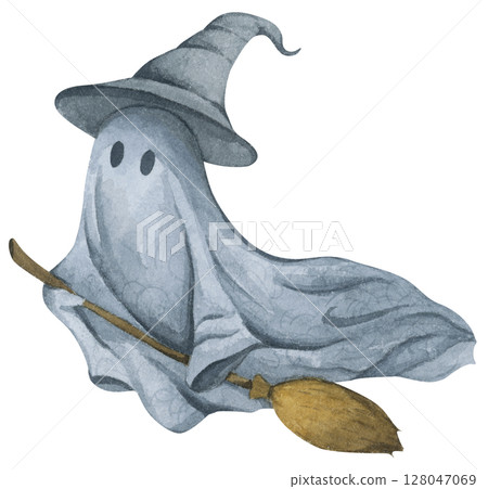 Ghost in Lace Cloth. Cute and Spooky Characters for Halloween Celebration. Watercolor illustration. 128047069