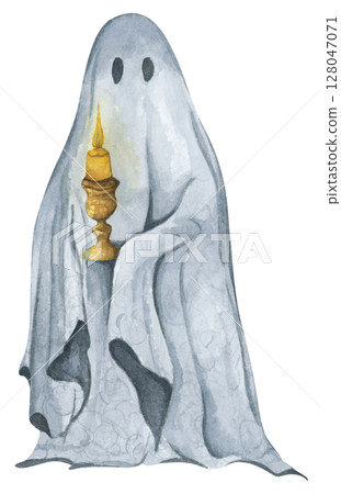 Ghost in Lace Cloth. Cute and Spooky Characters for Halloween Celebration. Watercolor illustration. 128047071