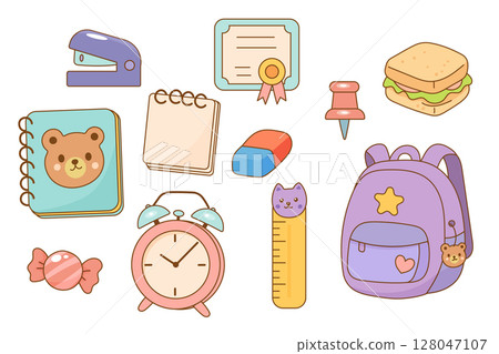 Cute school icon set with lunchbox and supplies 128047107