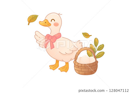 Farm duck with basket of eggs in fall scene Farm duck with basket of eggs in fall scene 128047112