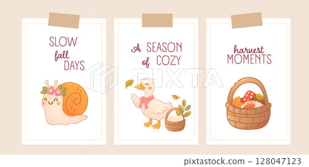 Set of cozy autumn cottagecore greeting postcards 128047123