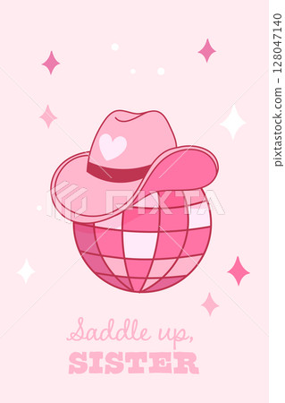 Disco ball with cowgirl hat and slogan Disco ball with cowgirl hat and slogan 128047140