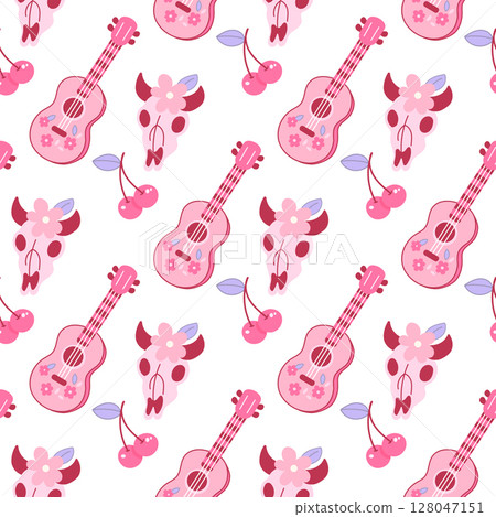 Seamless pattern with skulls, guitars, cherries 128047151