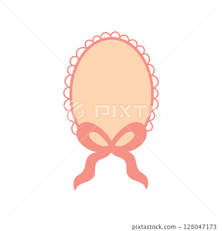 Boho oval label frame with pink ribbon and scalloped edge 128047173
