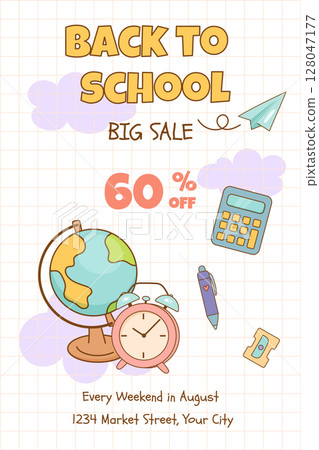 Back to school sale poster with supplies and globe 128047177