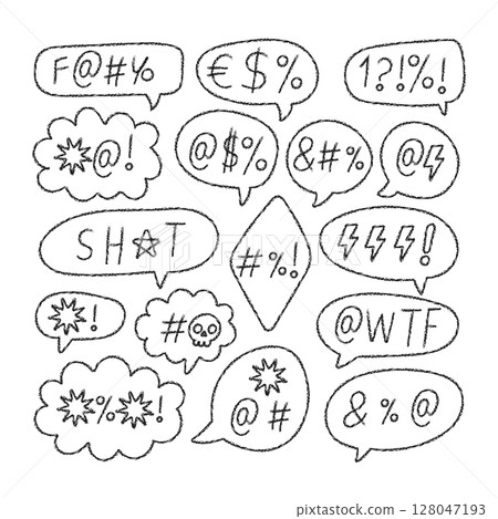 Crayon chalk swear bubbles with cartoon comic symbols 128047193