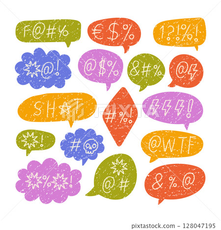 Colorful crayon speech bubbles with angry swearing symbols Colorful crayon speech bubbles with angry swearing symbols 128047195