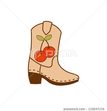 Cowgirl boot with bright red cherries and green leaves 128047216