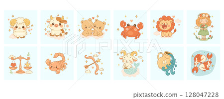 Zodiac sign collection, set of twelve cute illustrations 128047228