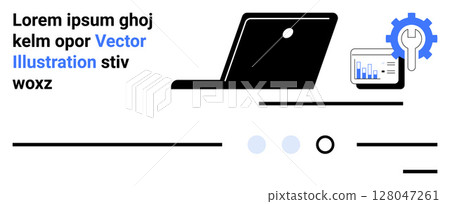 Laptop, chart with wrench, and text. Ideal for technology, business, data analysis, technical support, software development, IT services, and digital transformation themes. Landing page 128047261
