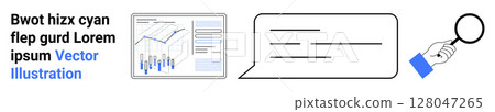 Data chart with graphs, speech bubble, and magnifying glass. Ideal for analytics, communication, data analysis, insight, discussions, research, presentations Landing page 128047265