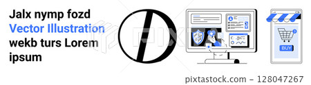 Monitor with cybersecurity icons, online shopping on a mobile device, and a half-filled circle element. Ideal for e-commerce websites, cybersecurity blogs, digital marketing campaigns, tech startup Monitor with cybersecurity icons, online shopping on a mobile device, and a half-filled circle element. Ideal for e-commerce websites, cybersecurity blogs, digital marketing campaigns, tech startup 128047267
