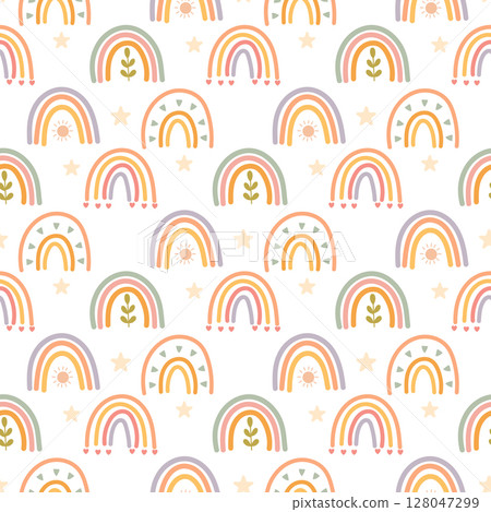 Colorful boho rainbow pattern with stars and sun Colorful boho rainbow pattern with stars and sun 128047299