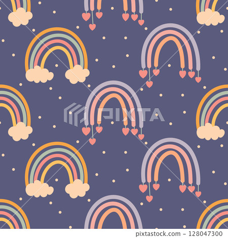 Dark seamless pattern with rainbows, hearts and clouds Dark seamless pattern with rainbows, hearts and clouds 128047300