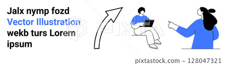 Person sitting with a laptop, woman pointing, curved arrow, and creative text arrangement. Ideal for digital presentations, educational content, marketing materials, startups, web design, social Person sitting with a laptop, woman pointing, curved arrow, and creative text arrangement. Ideal for digital presentations, educational content, marketing materials, startups, web design, social 128047321