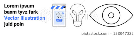 Shopping cart beneath storefront awning, minimalist light bulb, and eye symbol. Ideal for e-commerce, marketing, innovation, business, technology, digital ads, and branding. Landing page Shopping cart beneath storefront awning, minimalist light bulb, and eye symbol. Ideal for e-commerce, marketing, innovation, business, technology, digital ads, and branding. Landing page 128047322