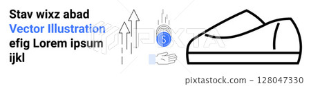 Black shoe outline, arrows pointing upwards, coin in open hand, text on left with blue highlighted words. Ideal for fashion, finance, growth, e-commerce, savings, online learning, and retail. Landing 128047330