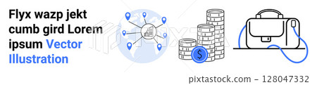 Network with pins connected, stack of coins with dollar symbol, and briefcase. Ideal for business websites, finance blogs, network marketing, investment firms, educational materials, corporate 128047332