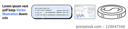 Fintech elements featuring text blocks, user interface cards, analytics chart, and coin icons. Ideal for finance, tech, UI, analytics, data visualization, mobile apps, and banking themes. Landing Fintech elements featuring text blocks, user interface cards, analytics chart, and coin icons. Ideal for finance, tech, UI, analytics, data visualization, mobile apps, and banking themes. Landing 128047348
