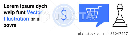 Dollar sign within blue circle, shopping cart in blue chat bubble, chess pawn in black outline, and sample text Lorem ipsum in black and blue. Ideal for e-commerce, strategy, finance, business Dollar sign within blue circle, shopping cart in blue chat bubble, chess pawn in black outline, and sample text Lorem ipsum in black and blue. Ideal for e-commerce, strategy, finance, business 128047357