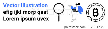 Magnifying glass, woman working on laptop, Bitcoin symbol, random text. Ideal for business, technology, cryptocurrency, analytics, research, finance digital trend Landing page 128047359