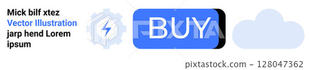 Gear with lightning bolt, large BUY button in blue, and cloud icon. Ideal for e-commerce, technology, software, user interface, cloud services, online transactions, call to action. Landing page Gear with lightning bolt, large BUY button in blue, and cloud icon. Ideal for e-commerce, technology, software, user interface, cloud services, online transactions, call to action. Landing page 128047362