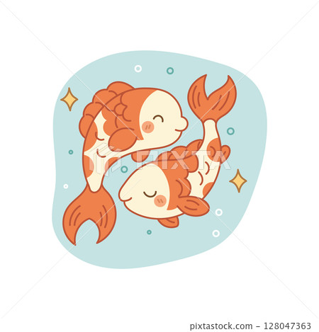 Pisces zodiac sign illustration, cute twin cartoon fish 128047363