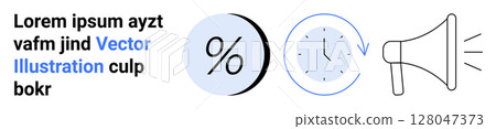 Percentage symbol, clock with arrow, megaphone and text in black and blue. Ideal for advertising, marketing, promotion, business presentations, sales strategies, time management, financial reports 128047373