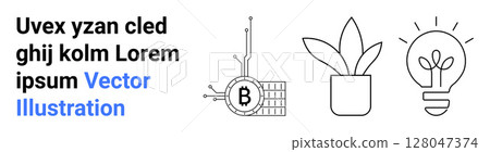 Three minimalistic elements Bitcoin blockchain, potted plant, and light bulb representing technology, nature, and innovation. Ideal for fintech, sustainability, creativity, startups, education 128047374