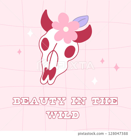 Whimsical Pink Cowgirl cow Skull with Flower and Cute Lettering Whimsical Pink Cowgirl cow Skull with Flower and Cute Lettering 128047388