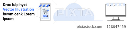 Online store with storefront, shopping cart, and Buy button, accompanied by a cloud and computer with a blank notepad. Ideal for e-commerce, cloud computing, digital services, online stores, web Online store with storefront, shopping cart, and Buy button, accompanied by a cloud and computer with a blank notepad. Ideal for e-commerce, cloud computing, digital services, online stores, web 128047439